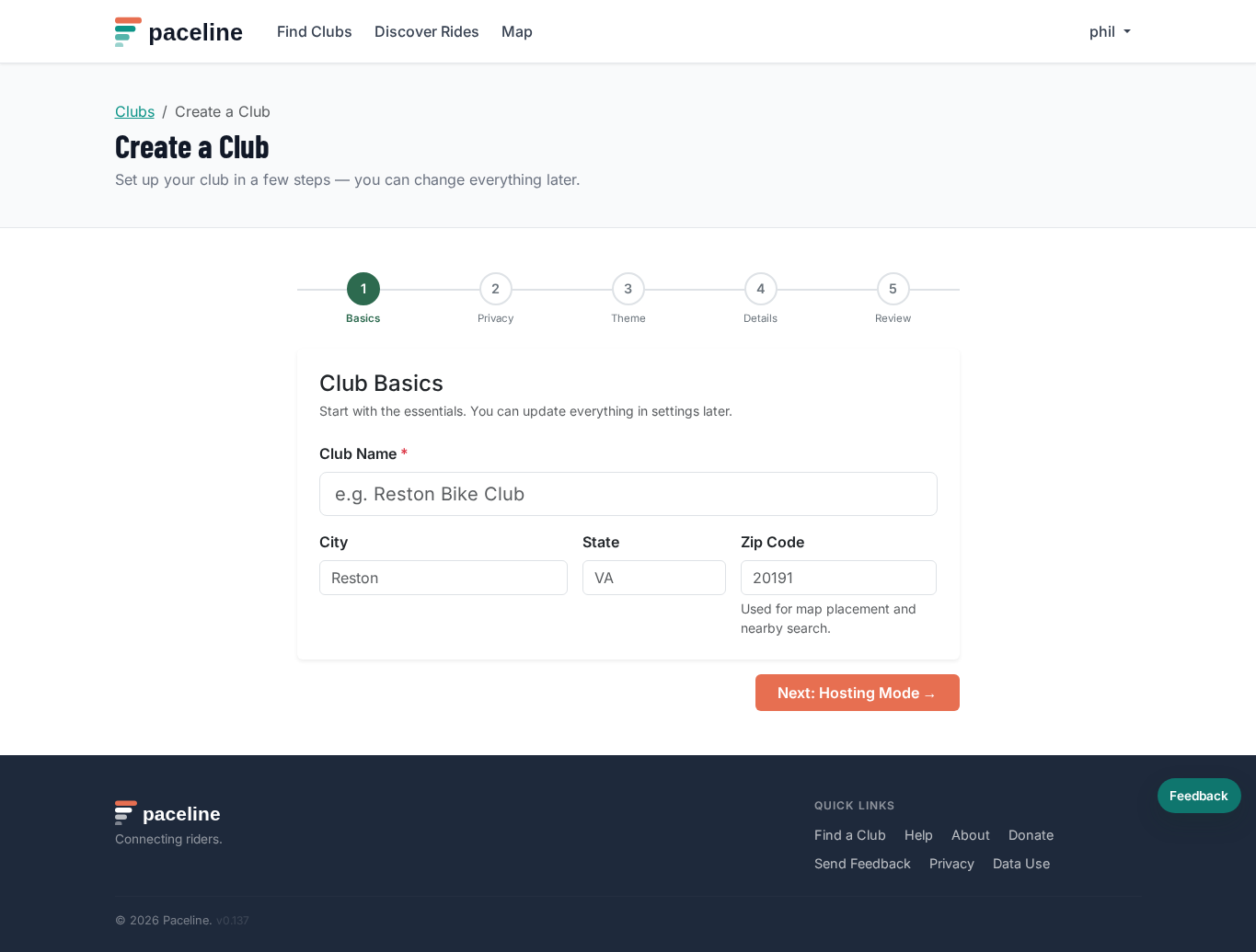 Create a Club form showing basic club details