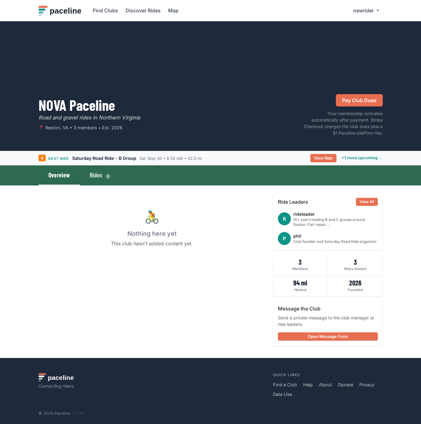 Club home page showing Pay Club Dues button for a rider with pending payment status