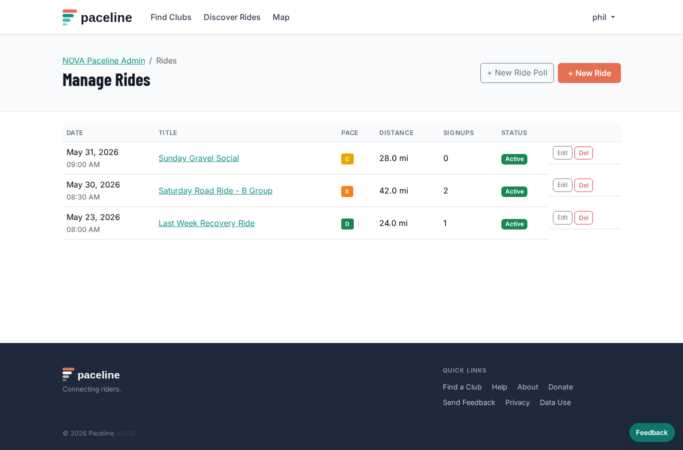 Admin ride list showing upcoming rides and ride management actions
