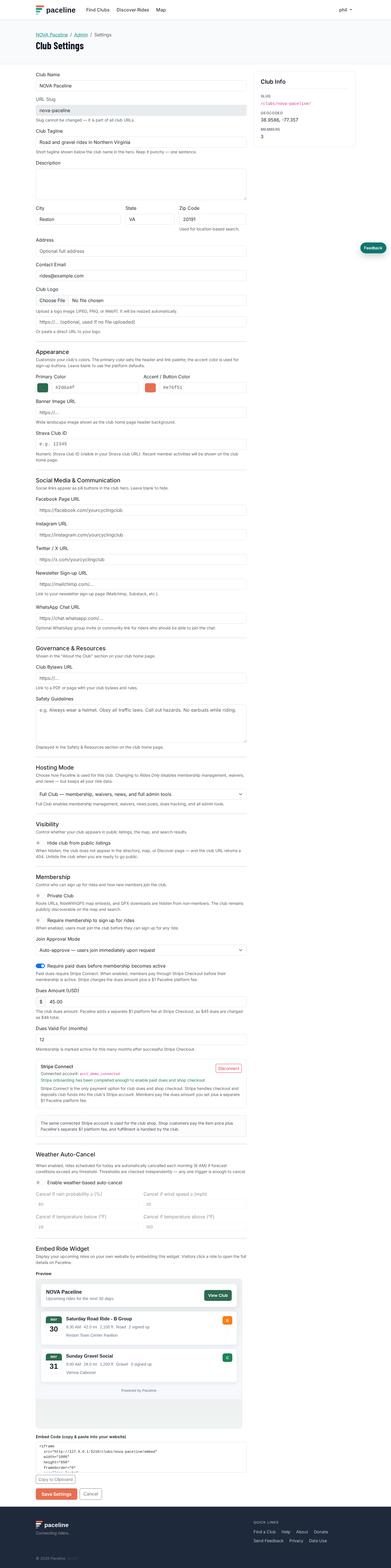 Club Settings page with description, location, contact, and membership fields