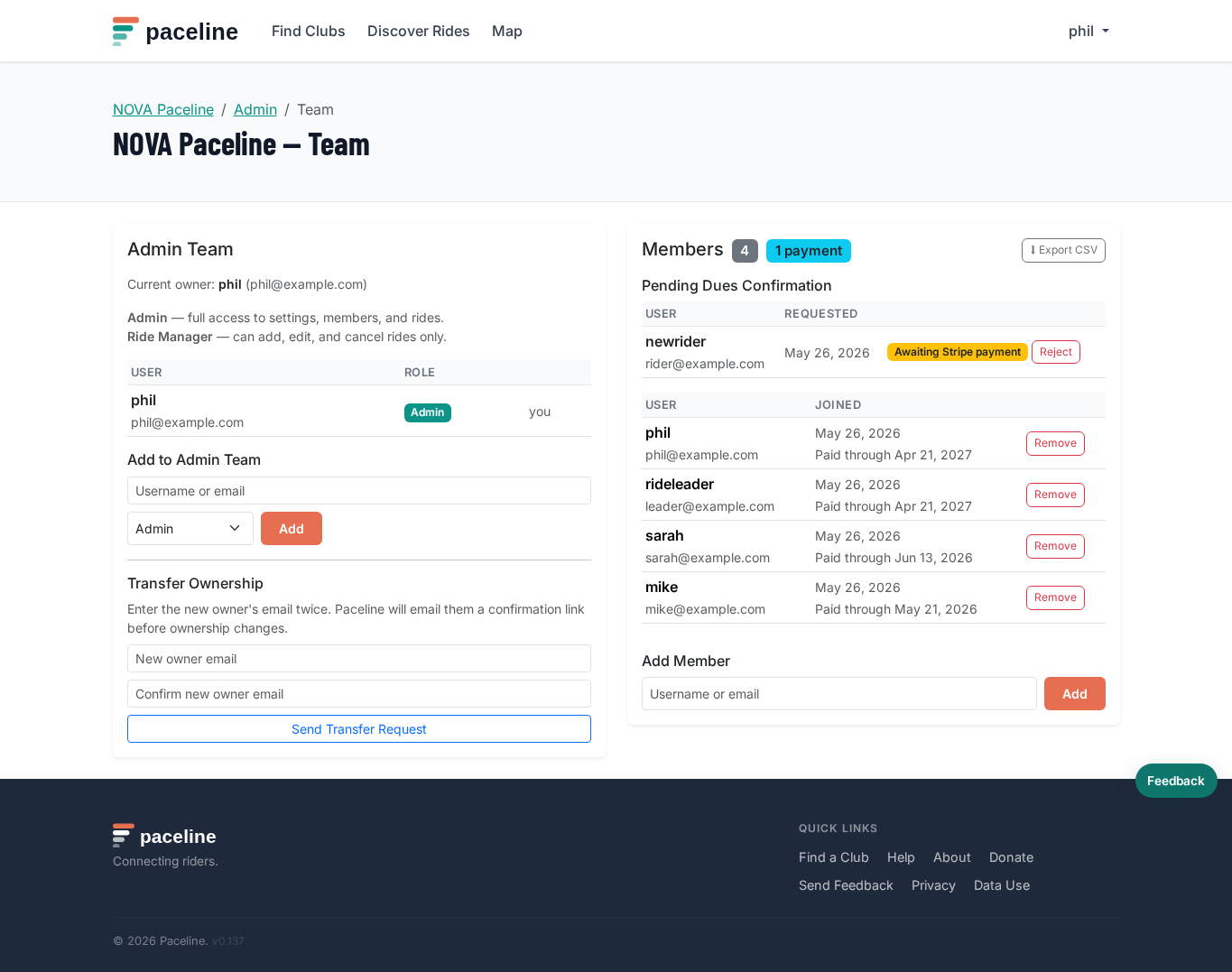 Club Team page listing manager roles and invite controls