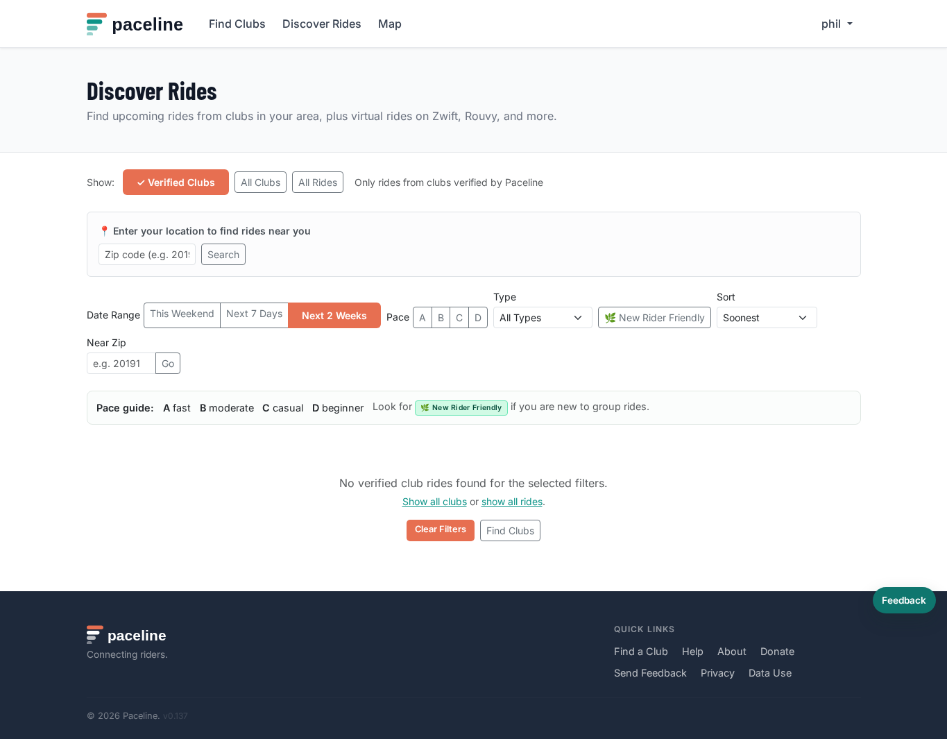 Discover Rides page with date, pace, type, and zip filters