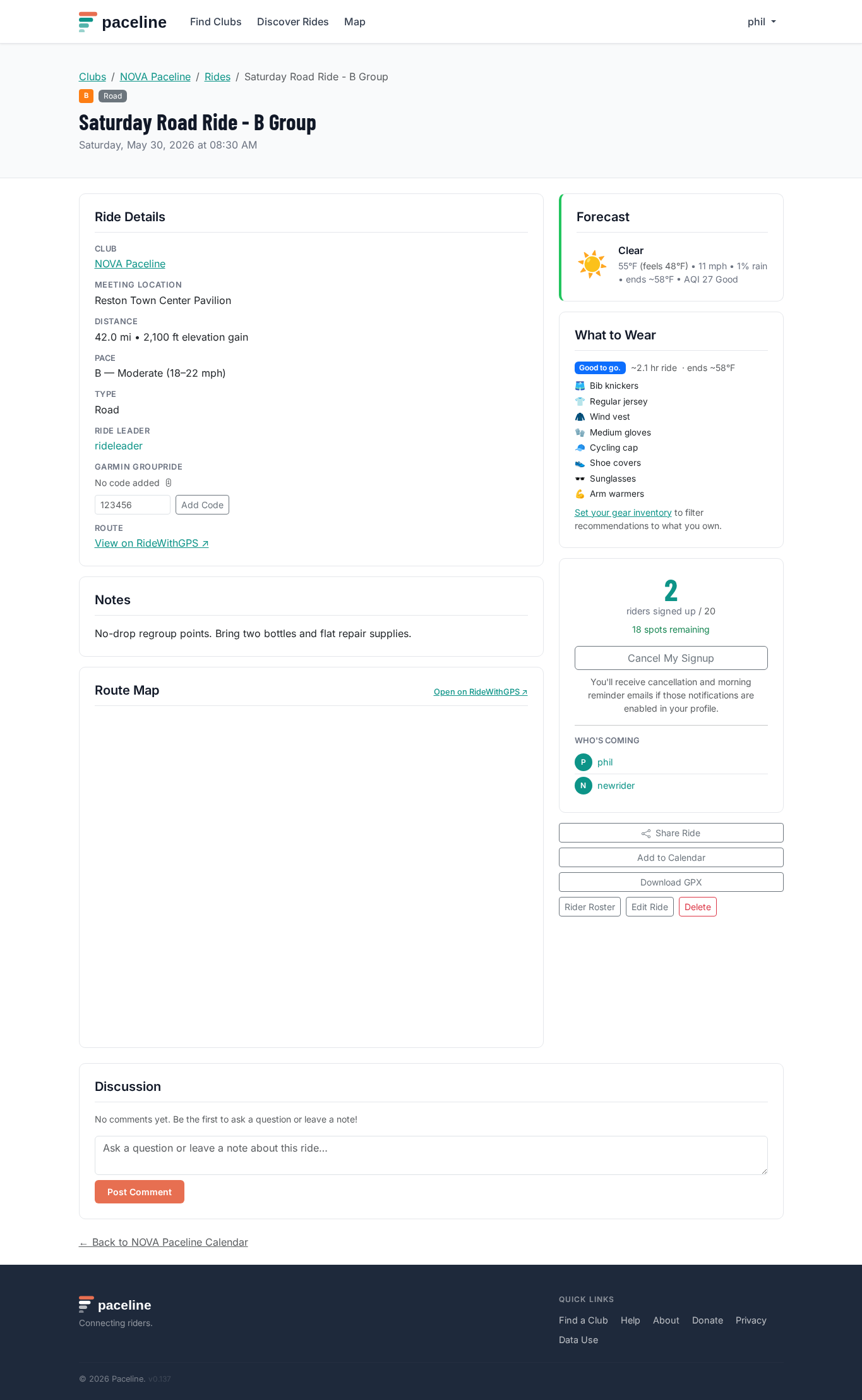 Ride detail page showing time, distance, pace, meeting location, and signup controls