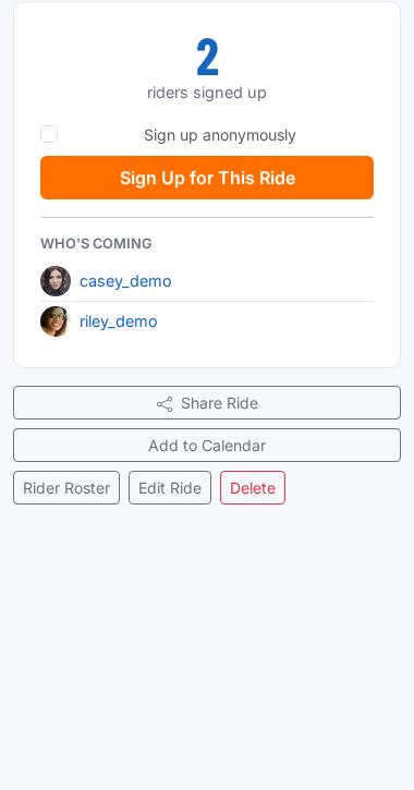 Ride detail page showing the Share Ride button